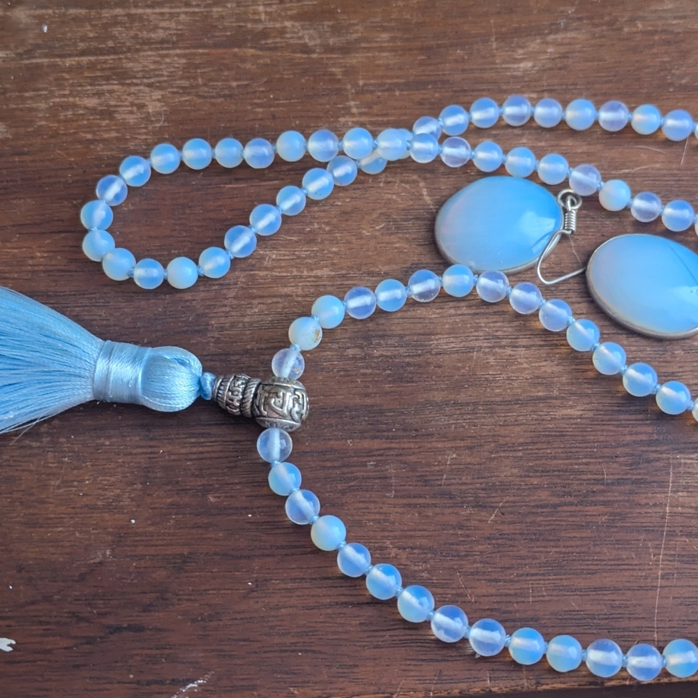 Opalite Blue Beaded Necklace and Earring Set with Tassel